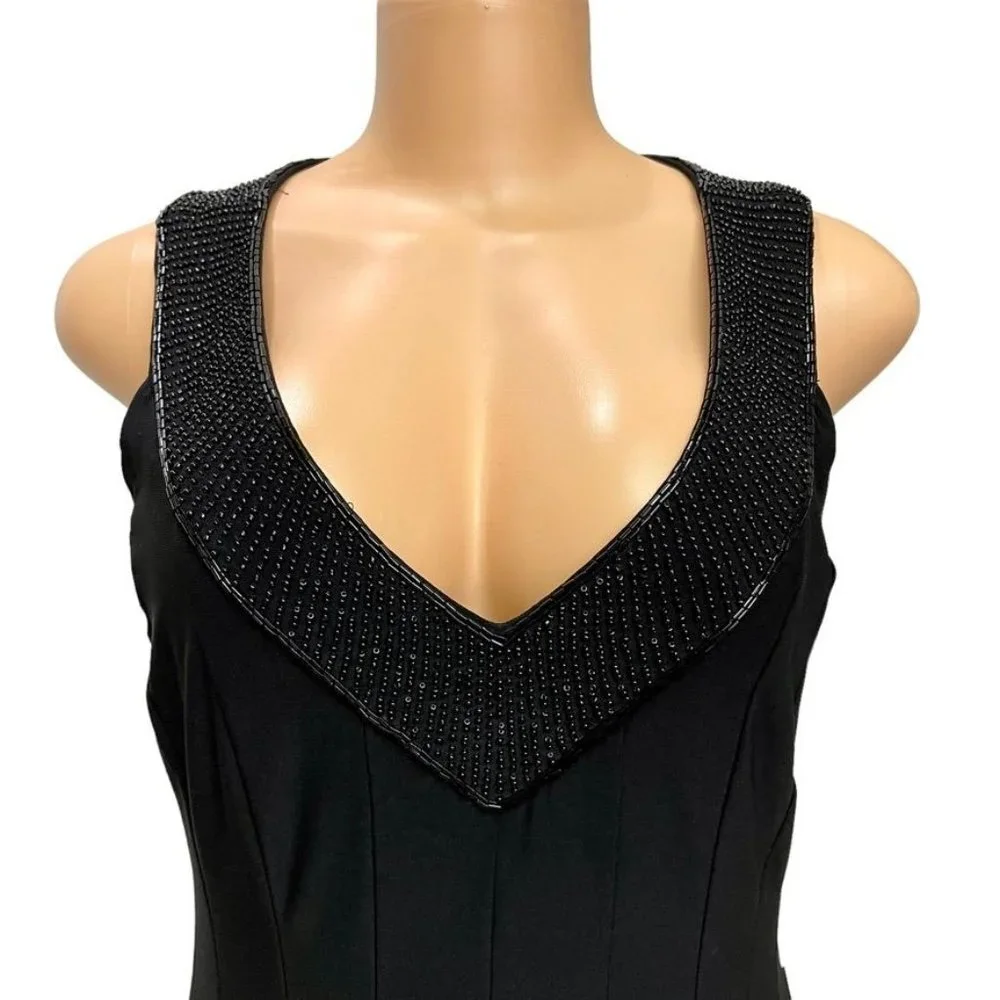 Lauren Ralph Lauren Black Beaded V Neck Pleated A Line Sleeveless Lined Dress 8 - Picture 2 of 14